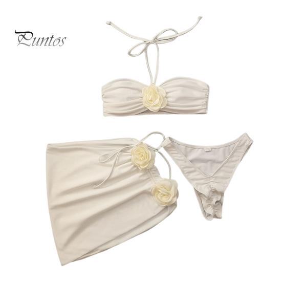 

3 шт./компл. женский летний комплект бикини 3D декор с розами Холтер-бандо плиссированный бюстгальтер с высокой талией плавки тонкая верхняя юбка комплект однотонный купальник S белый