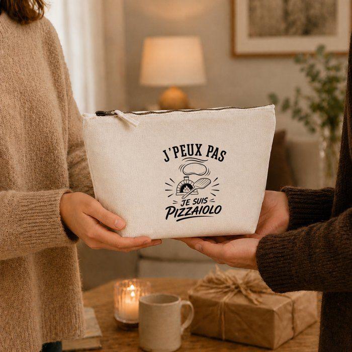 Trousse de toilette - PLANETEE - J’peux pas je suis Pizzaiolo - Beige - 100% coton - Zip métal - 3 L
