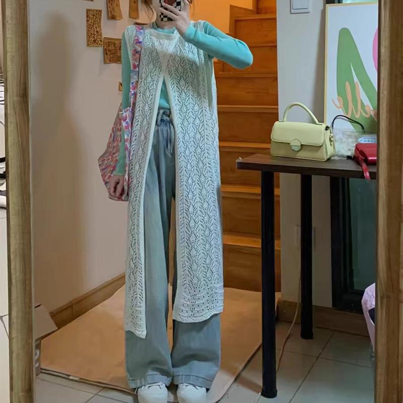 Fashion Knitted Cardigan Sleeveless Lace Dress Retro Hollow Out Sun Protection Women Cross Covers Up Summer Elegant Top Thin Korean Shirt Clothing