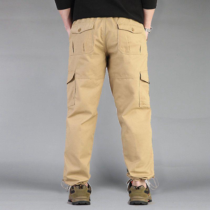 Army Green Men's Pure Cotton Outdoor Work Pants: Windproof, Straight Leg, Multi-Pocket, Loose Fit for Mountaineering and Casual Wear.