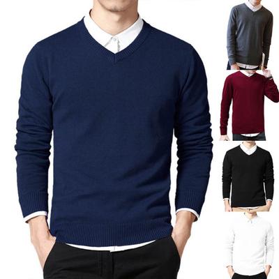 Men Solid Color V Neck Long Sleeve Slim Pullover Plus Size Knitwear