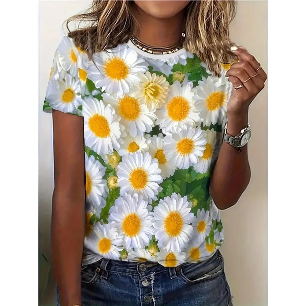 Summer women's T-shirt casual daisy pattern 3D printed women's T-shirt loose short sleeved round neck T-shirt girls' top