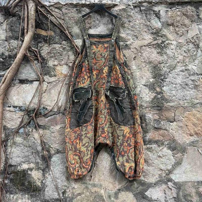 Retro and old printed cotton and linen denim overalls spring and summer loose meat covering personality two-wear sleeveless jumpsuit trendy brand