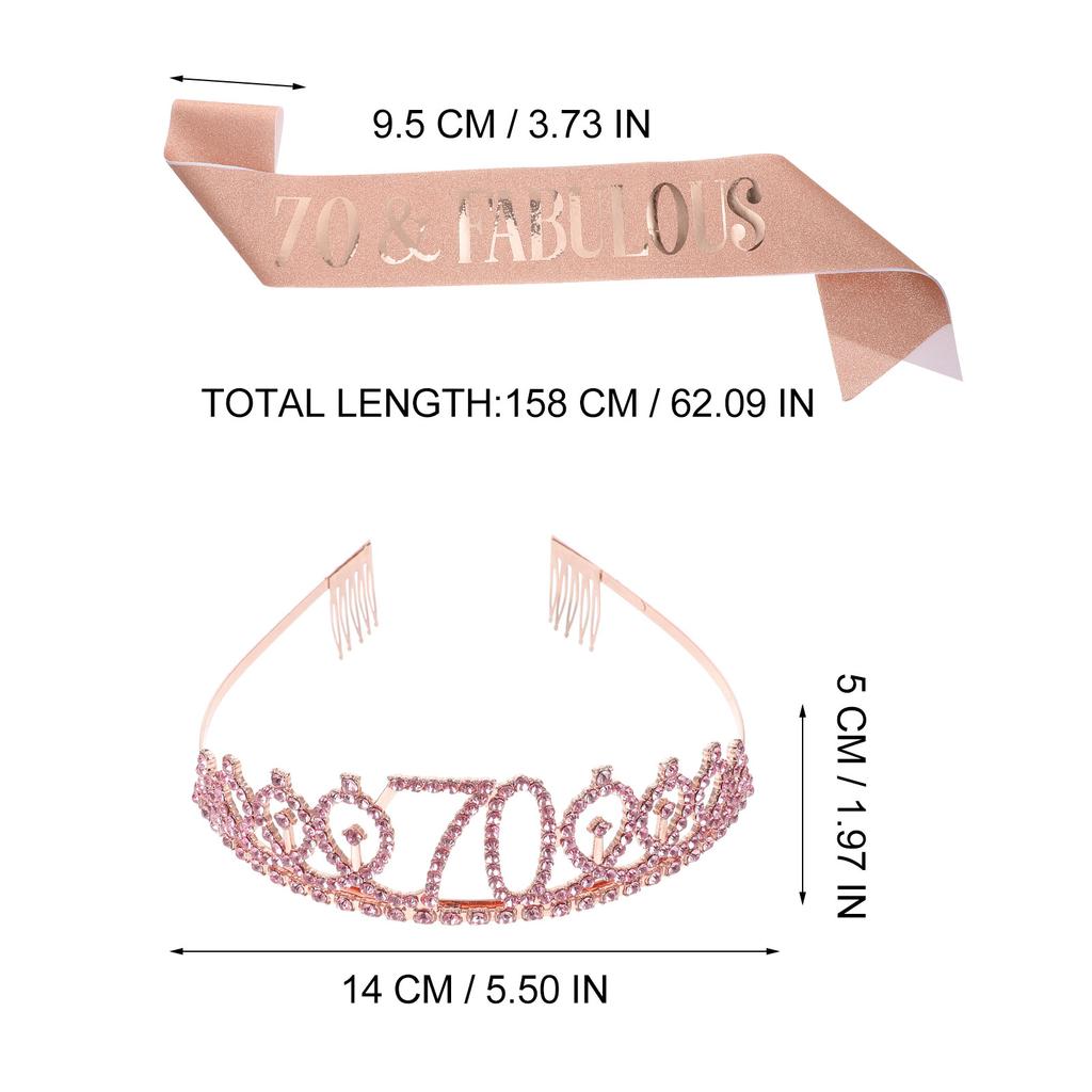 1Set Birthday Crown Tiara Sash Set Glitter Rhinestone Decoration for 70th Birthday Party Women Glamorous