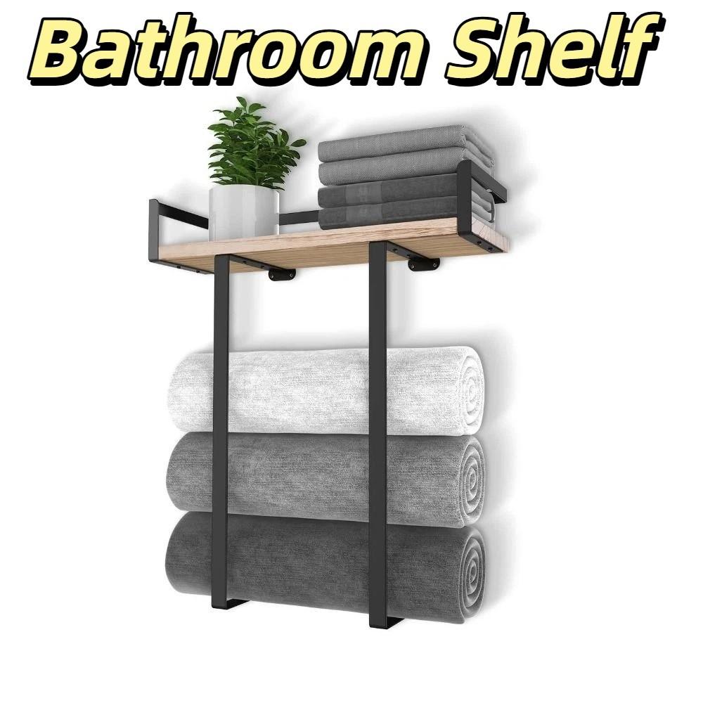 Rectangle Shape Bathroom Shelf Wood and Iron Wall Mounted Shelf Shower Shelf  Kitchen Storage
