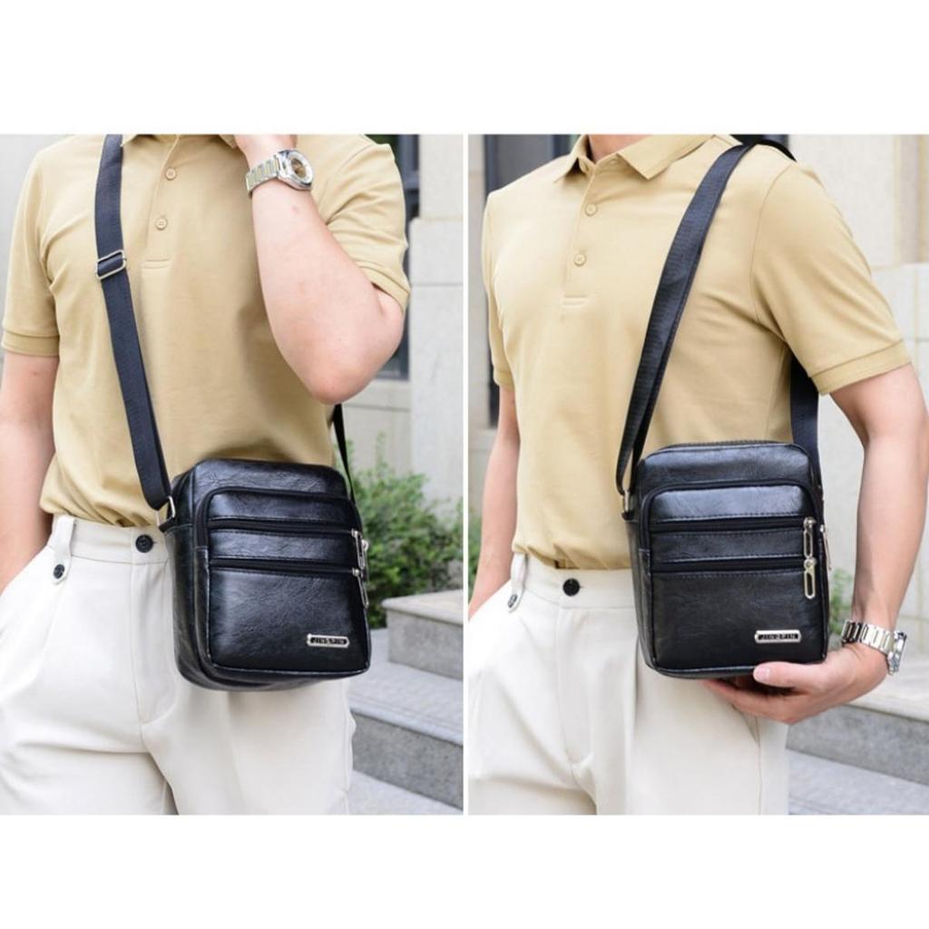 Men Shoulder Bag Waterproof Large Capacity Messenger Bag Adjustable Strap Outdoor Travel PU Leather Casual Simple All-Match Bags