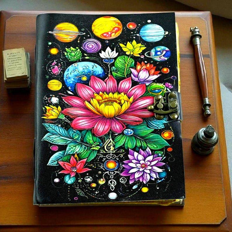 

Solar System Leather Journal: Lotus & Celestial Grimoire with Clasp 7 x 5 in