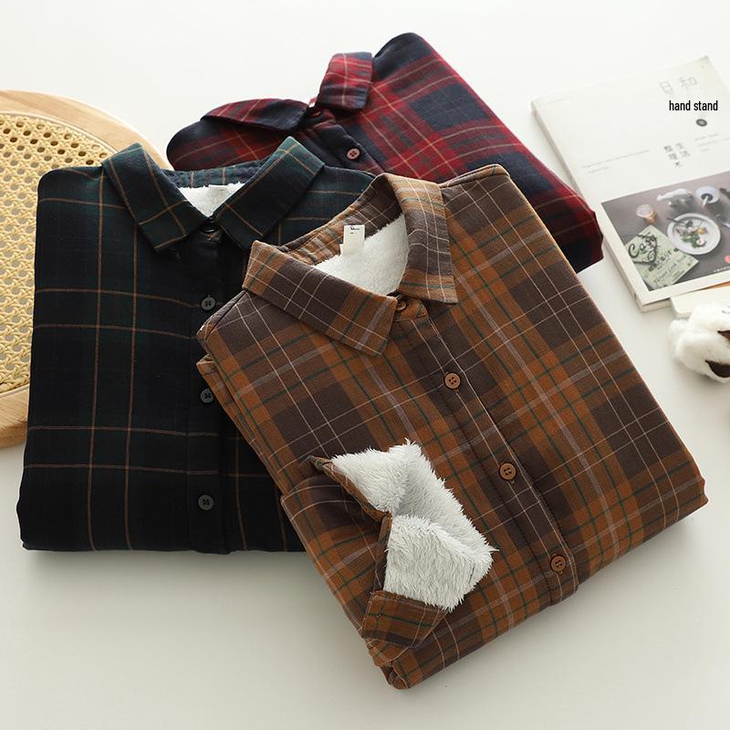 Women's Classic Plaid Long-Sleeve Shirt - Japanese Style, Plus Velvet, Thickened, Warm (Autumn/Winter 2025 Collection)