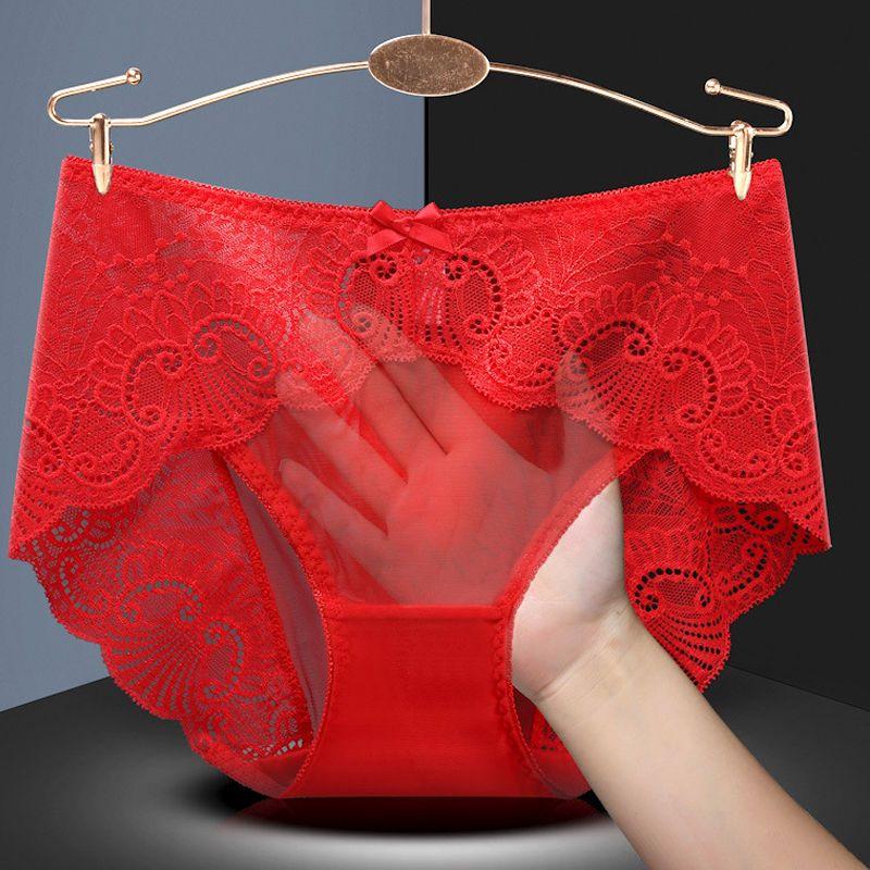 Sexy Lace Plus Size Underwear Women's Ultra-thin Mesh Transparent Ladies Briefs