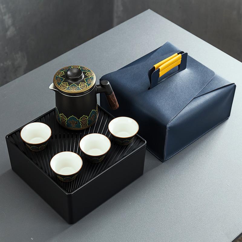 Portable ceramic one pot four cups travel tea set portable tea pot tea cup small set business gift express cup