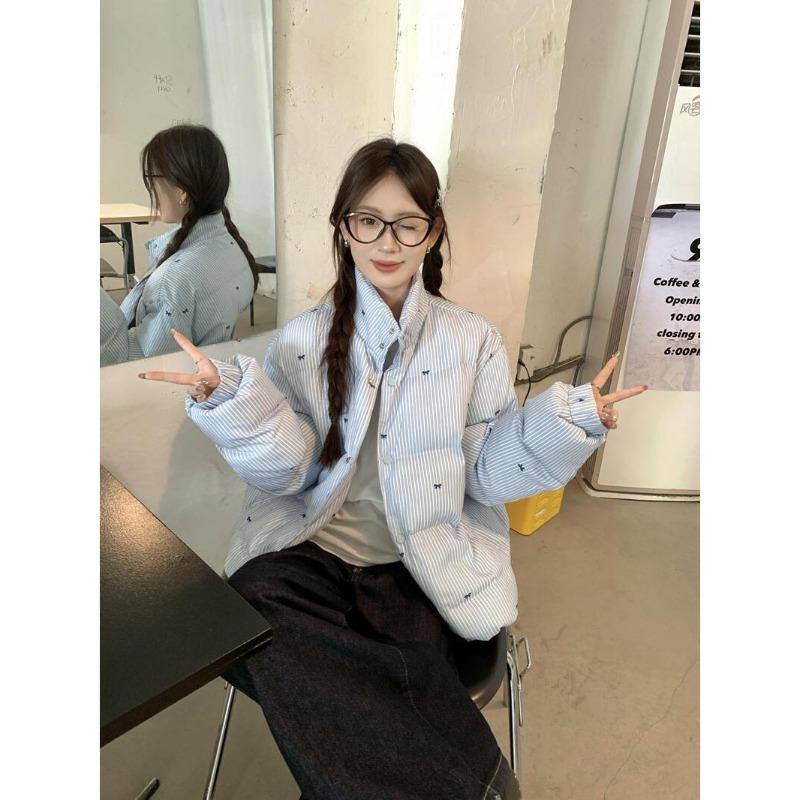 Wind striped bow cotton clothes winter new design sense versatile thickened warm jacket blue tide