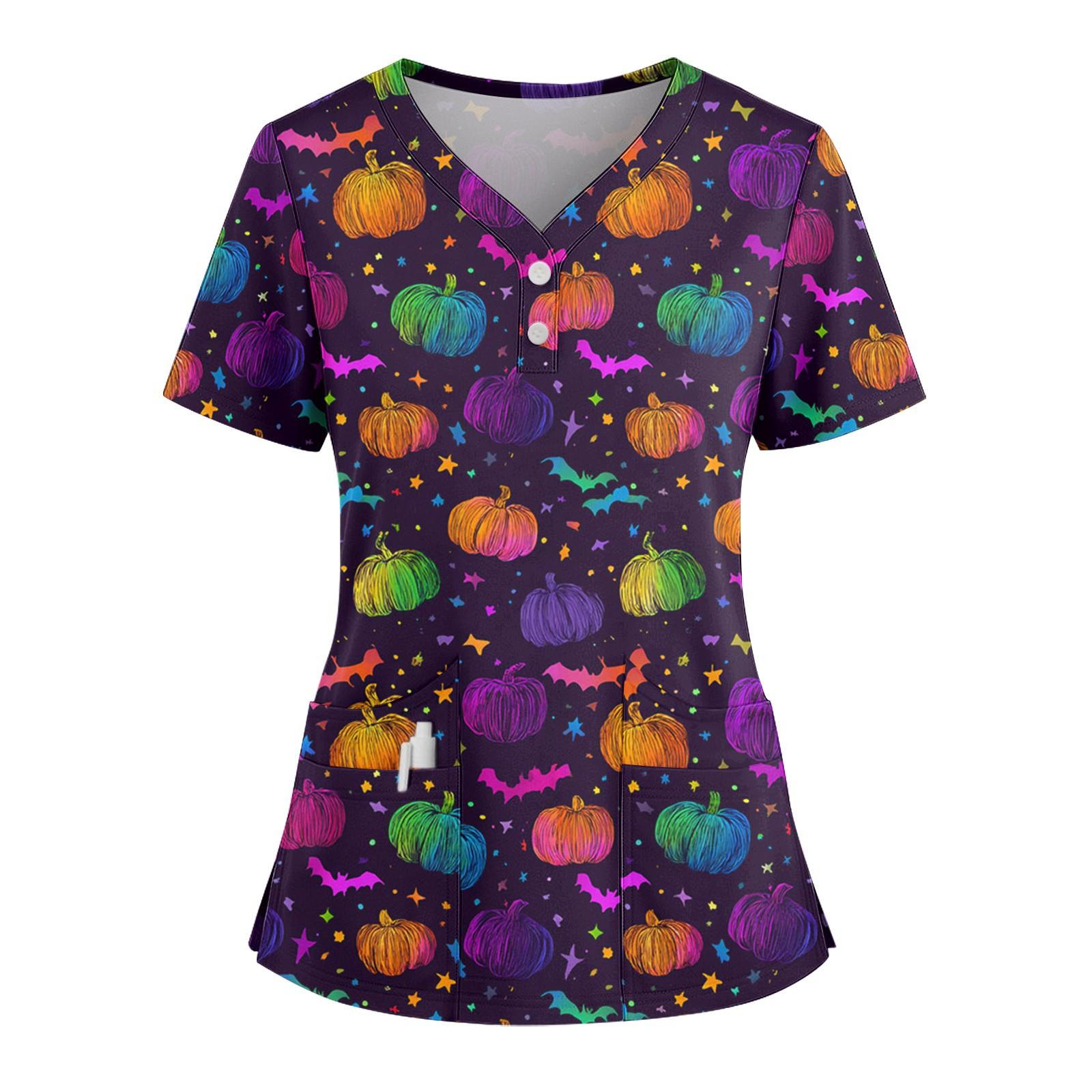 

Женская свободная футболка с коротким рукавом, модным принтом на Хэллоуин, V-образным вырезом, застежкой на пуговицы и боковым разрезом XXXL