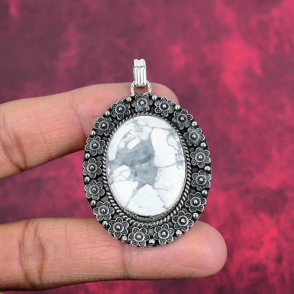 Pingente Howlite, Joia de Pedra Preciosa de Prata Esterlina Sólida 925, Pingente Feito à Mão, Para Presente de Ação de Graças