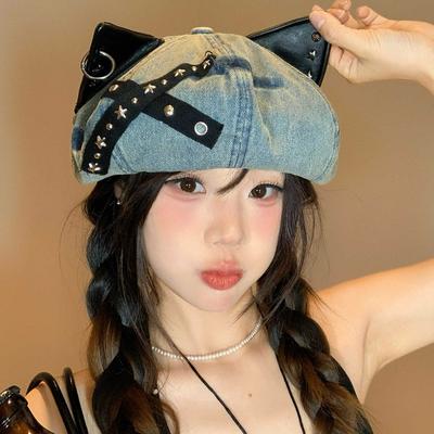 Chapeau doux et cool à oreilles de chat printemps et automne Rétro américain chapeau femme yk décontracté polyvalent jean octogonal chapeau