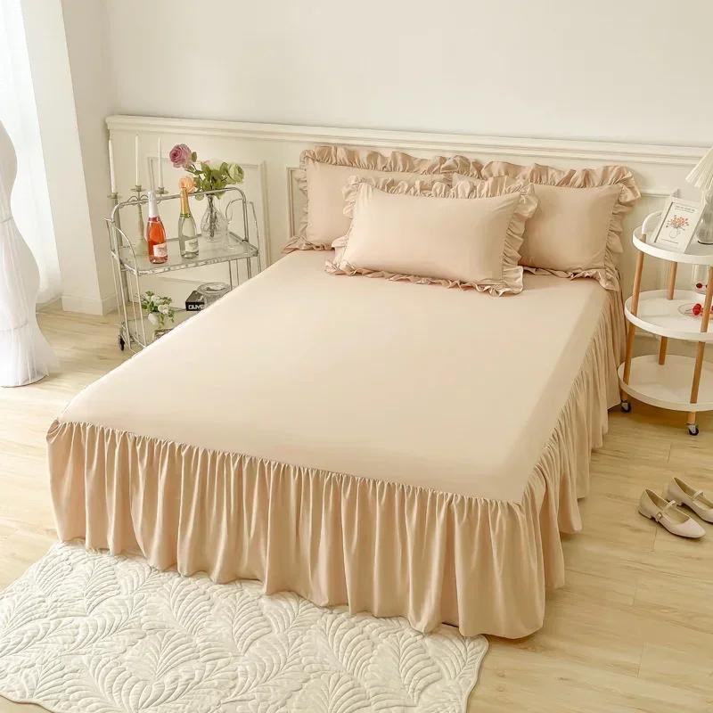 Saia de cama de cor sólida, saia de cama com babados de renda, 1 peça, capa para cama de quarto, saia de cama, capa de colchão antiderrapante, lençol, colcha