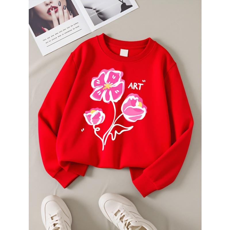 European sizes Girls' Soft Crewneck Sweatshirt, Pink Floral Pattern with Cute Print, Casual All-Match, Ideal Holiday Present