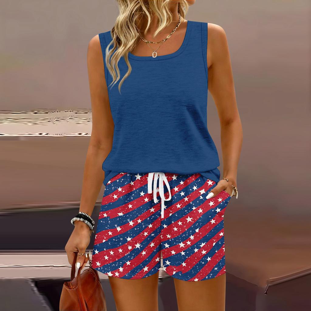 Women Summer Casual Two Piece Set Sleeveless Tank Top with Square Neck and Drawstring Waist Shorts with Pockets Lightweight Lounge Outfit
