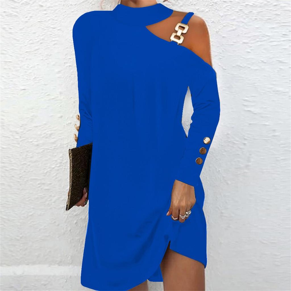 Rochie de damă, ocazională, de culoare solidă, cu mânecă lungă, cu decolteu rotund, fără umeri