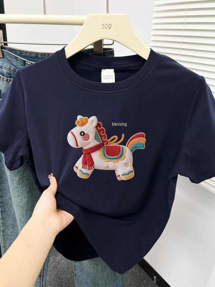 2026 Women's Plus Size T-shirt: Little Horse Print, Round Neck, Short Sleeve, Stylish, Tummy-Covering Design