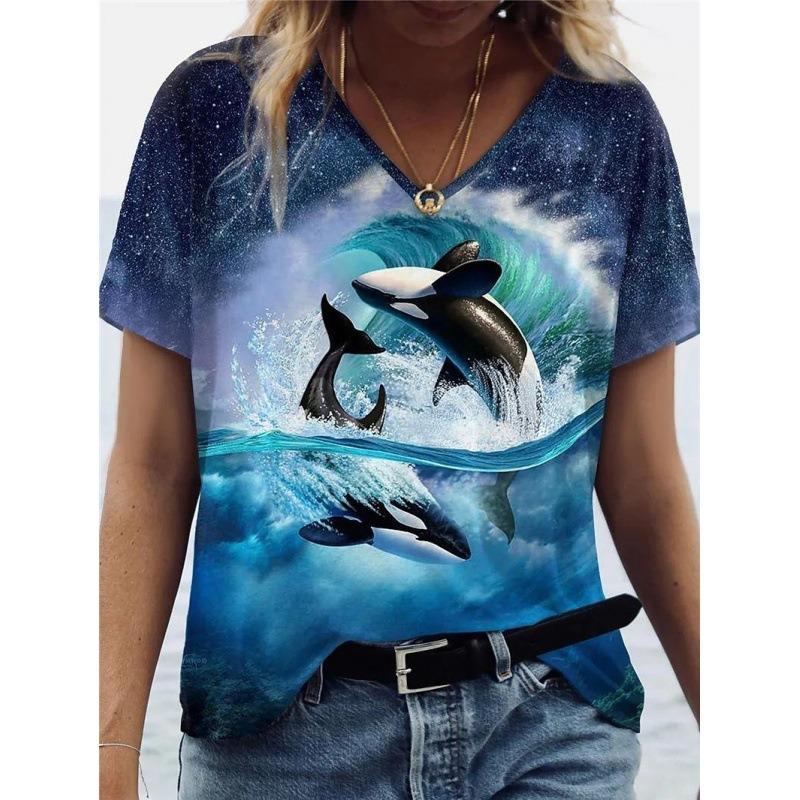 

Летний топ с V-образным вырезом и 3D-принтом в виде животных, модные повседневные женские футболки с короткими рукавами XS