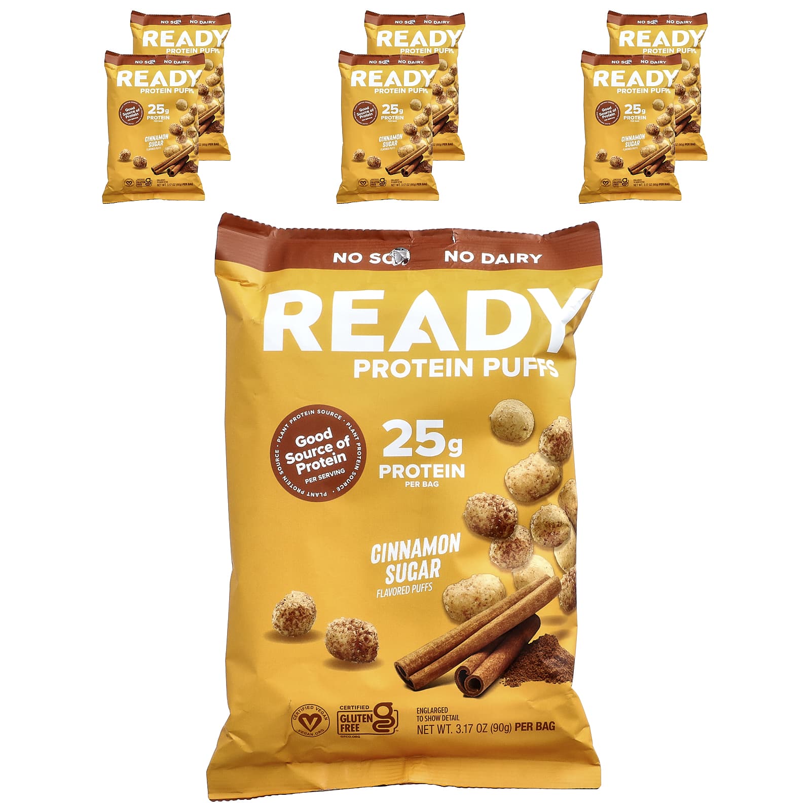 

Ready, Protein Puffs, Cinnamon Sugar, 6 Bags, 90g (3.17oz) Each