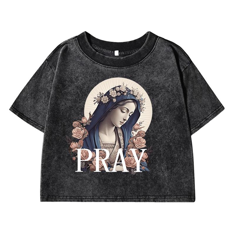 The Beautiful Virgin Print Women Washed Short Clothing Breathable Summer T-Shirt Midriff-Baring Cool Tops Tshirt