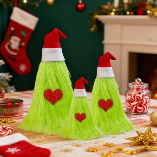 3 Pcs Green Furry Christmas Tree Decoration Fuzzy Elf Xmas Tree Tabletop Decor Soft Faux Fur Table Centerpiece for Living Room Home Kitchen Desk Decor