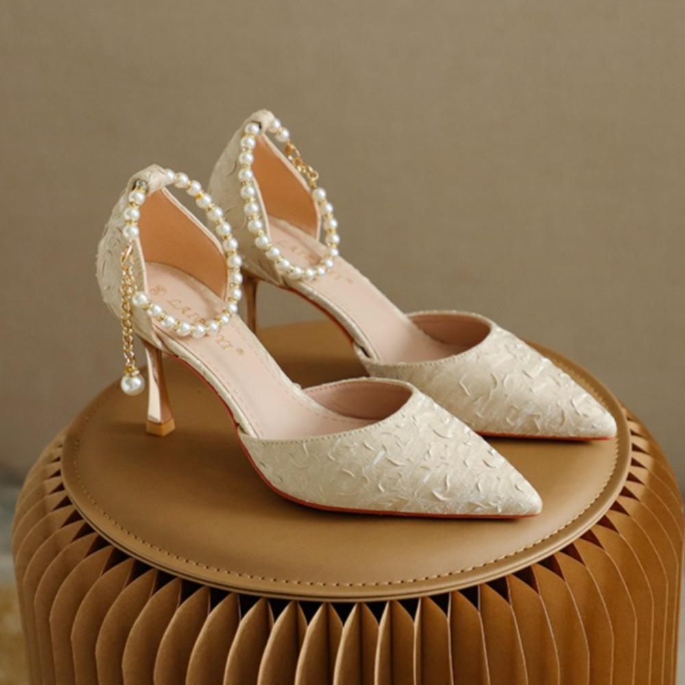 Women High Heeled Sandals Beads Hollow Shoes Pointed Head Shallow Mouth Stiletto High Heels Single Shoes Women Banquet Shoes