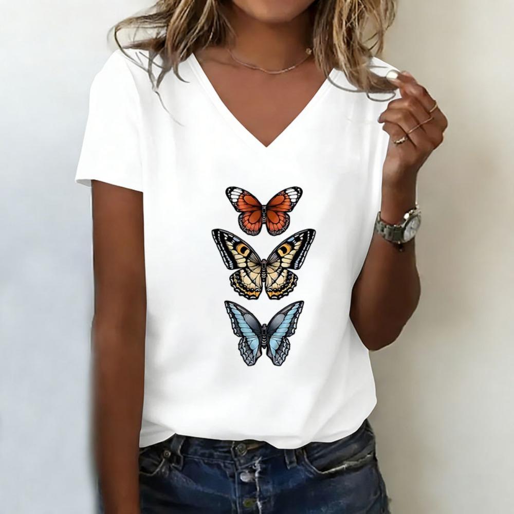 

Summer Spring Colorful Butterfly T-shirt V Neck Casual Fashion Y2k Printed T Shirts Women Short Sleeve Tee Shirt V-Neck Top XL