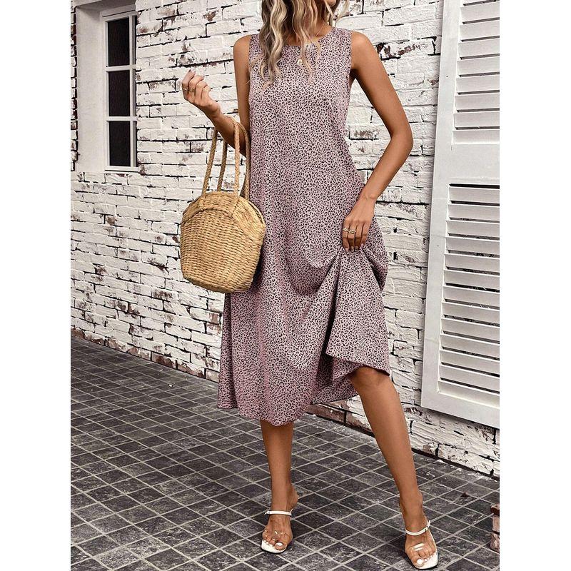 

Sweet Summer New Arrival Fashion Style round Neck Leopard Print Printing a Word Pocket Mid Length Long Length Sleeveless Vest Dress Women Pink XL