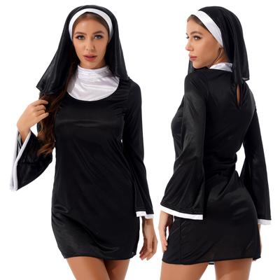 Dámske šaty so šatkou 2ks Nun Uniform Cosplay na Halloweensku tematickú párty