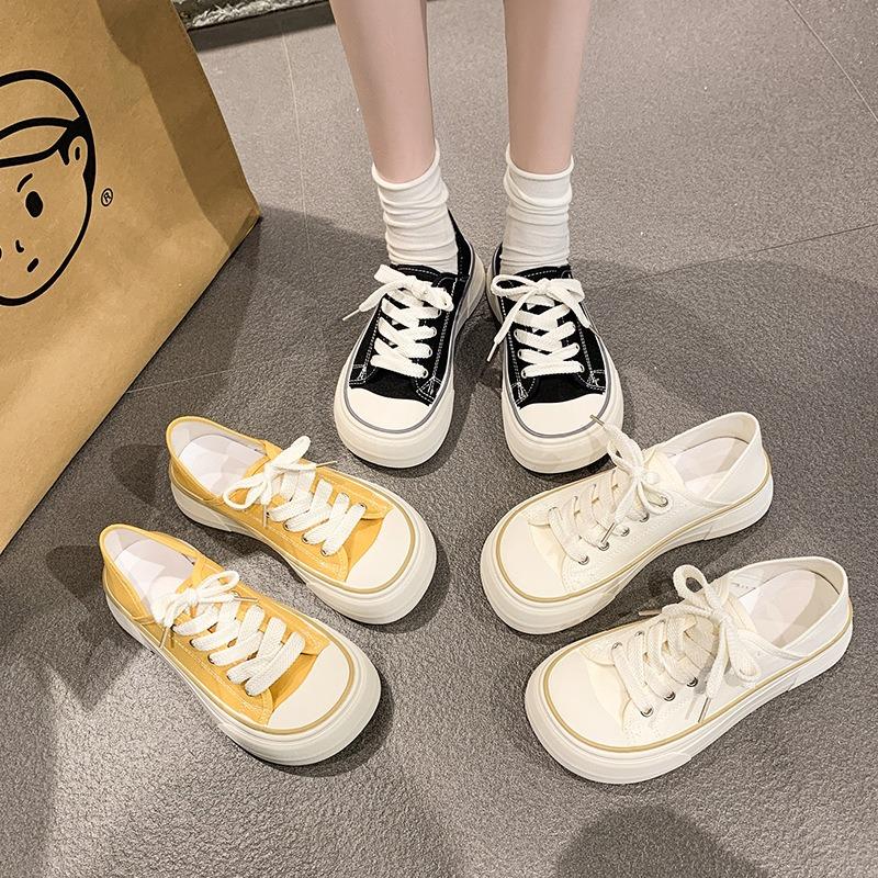 Ugly cute half-drag big-headed women's little white shoes milk Huhu niche summer versatile canvas new thick-soled ugly cute board shoes