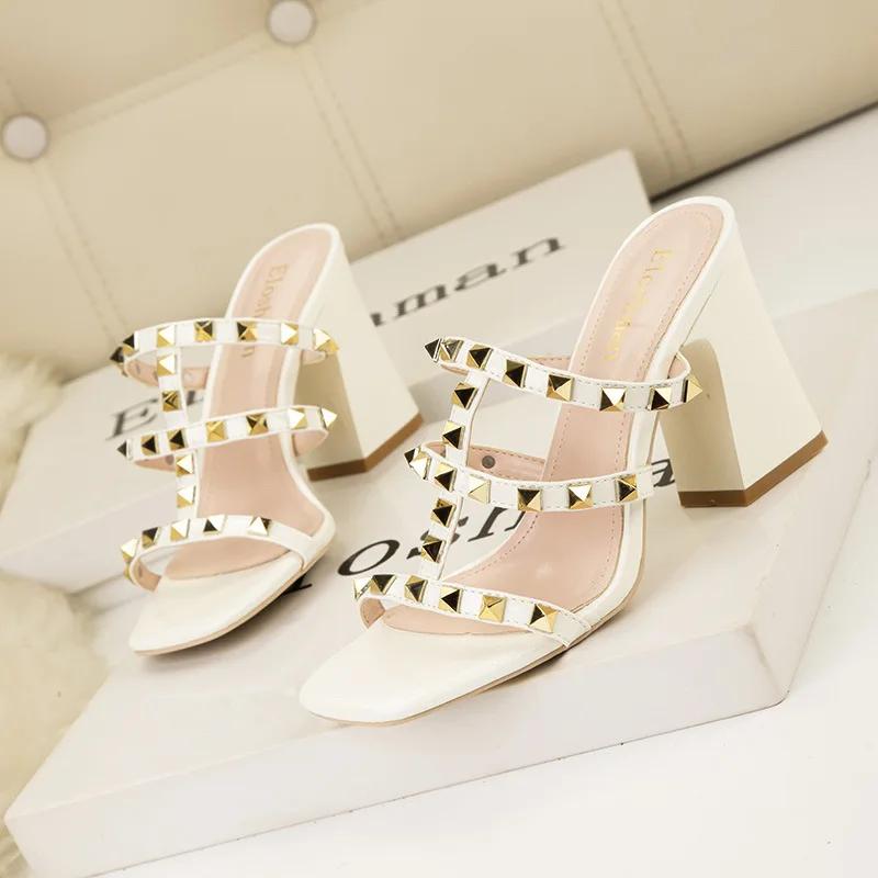 Women Summer Fashion Rivets PU Leather High Heel Sandals Lady Square Heel  Fish Mouth Slippers Woman Casual Sandal Slip-on Shoes