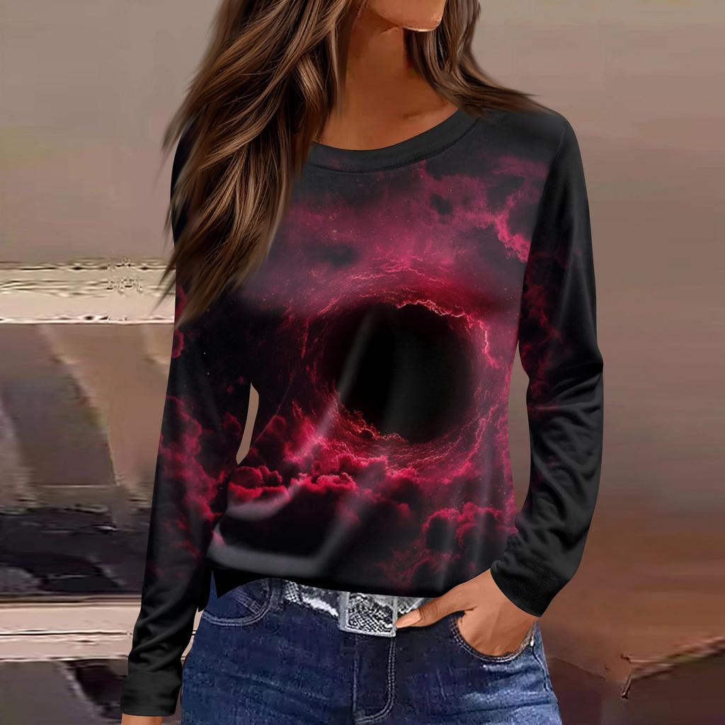 Women's Fashion Casual Slit Hem Round Neck Long Sleeve Loose Printed T,Shirt Ladies Top