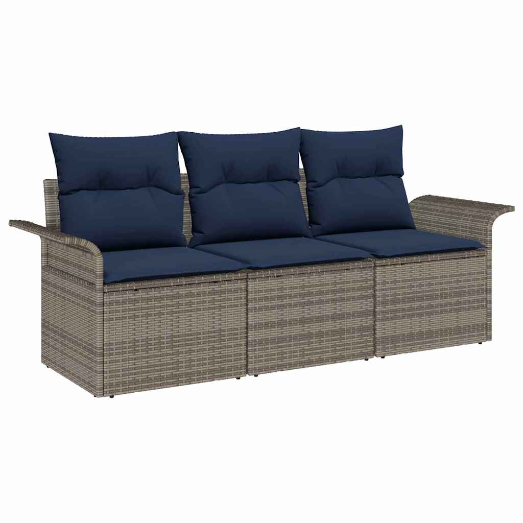 Sofa Set with Cushions 3 Pcs Gray and Navy Blue Poly Rattan