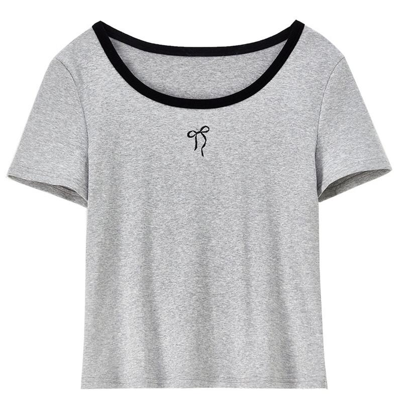 Shangdoubila Contrast U-Neck Bow Embroidered Knit Top