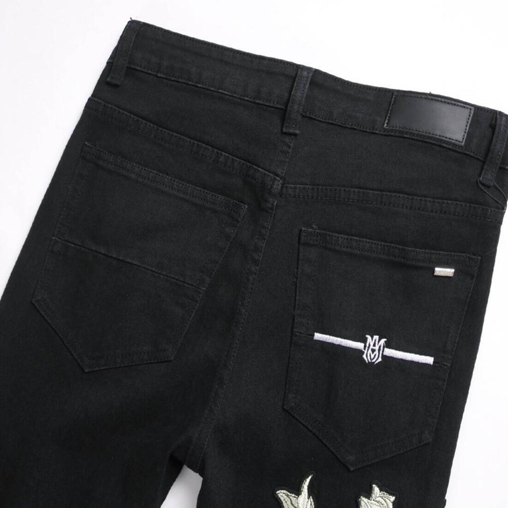 Pantalones vaqueros de moda para jóvenes de Denim Street, con agujeros bordados y elásticos, de pierna pequeña, para hombre