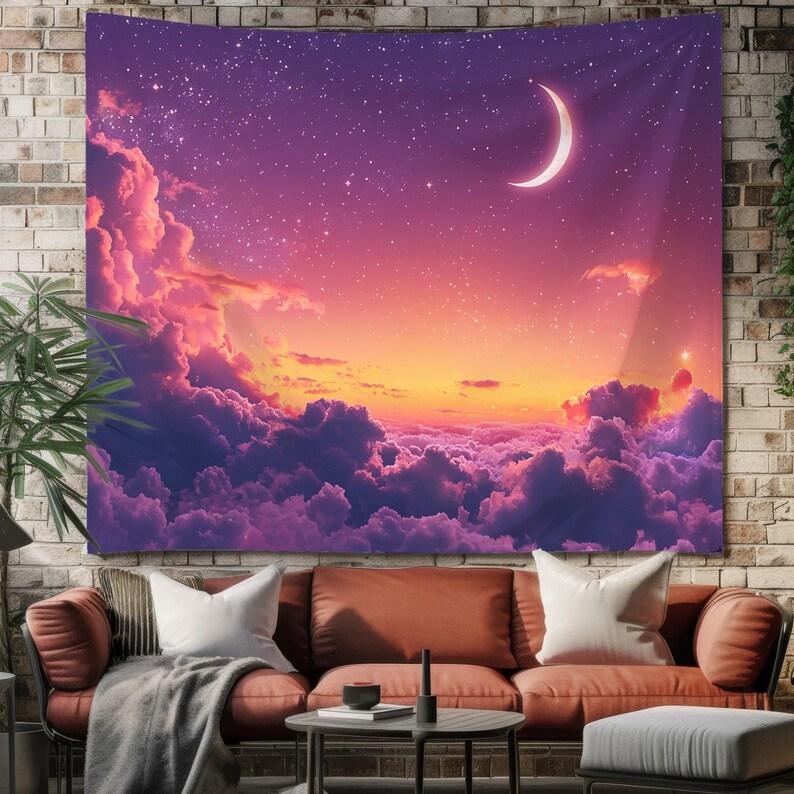 Purple sunset, clouds, and new moon tapestry 75x100 чёрный