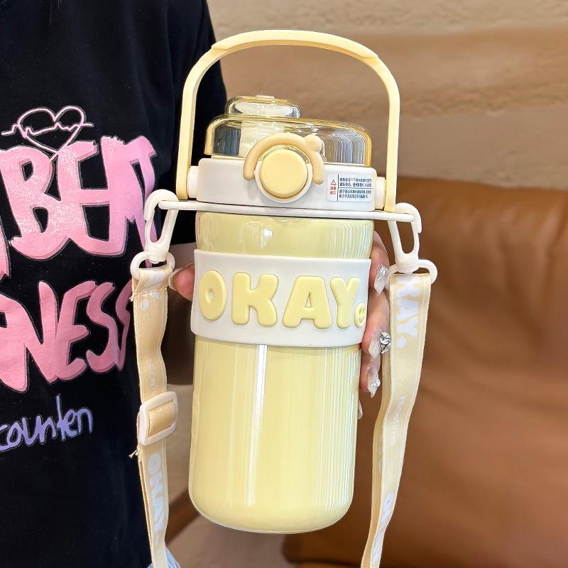 Girls' Stylish 316 Stainless Steel Thermos Cup with Straw & Crossbody Strap, Dual-Opening, 2023 Model