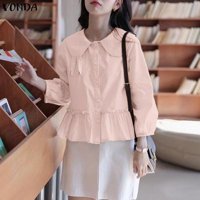 Women Casual Doll Collar Loose Long Sleeve Buttons Ruffled Blouse