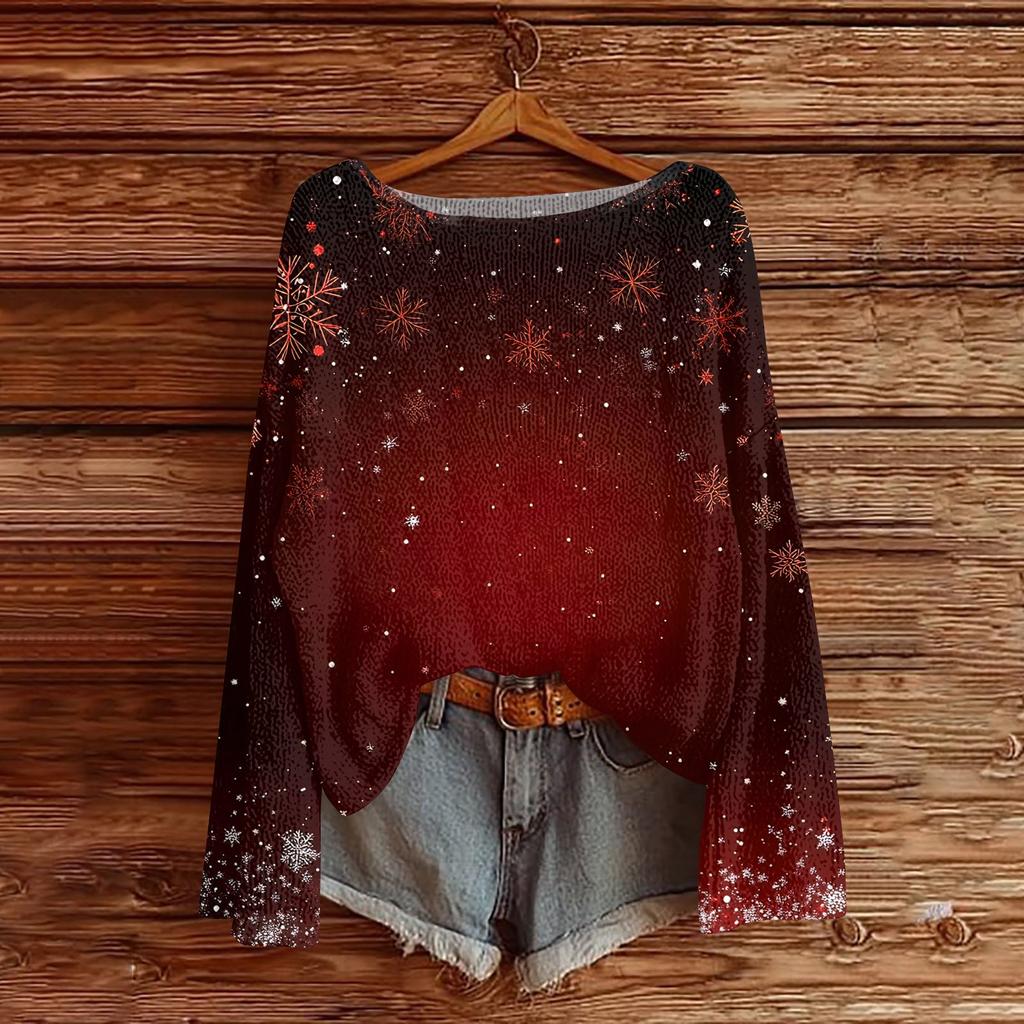 Women's Round Neck Lightweight Sweater Casual Long Sleeve Christmas Print Knit Pullover.