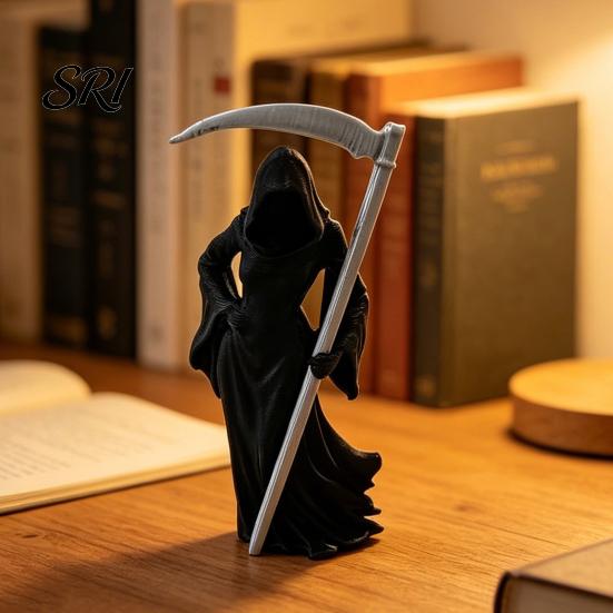 Compact Gothic Collectible Female Grim Reaper Statue with Sickle 3D Printed Black Robe Dark Queen Figurine Mysterious Sculpture for Home Office