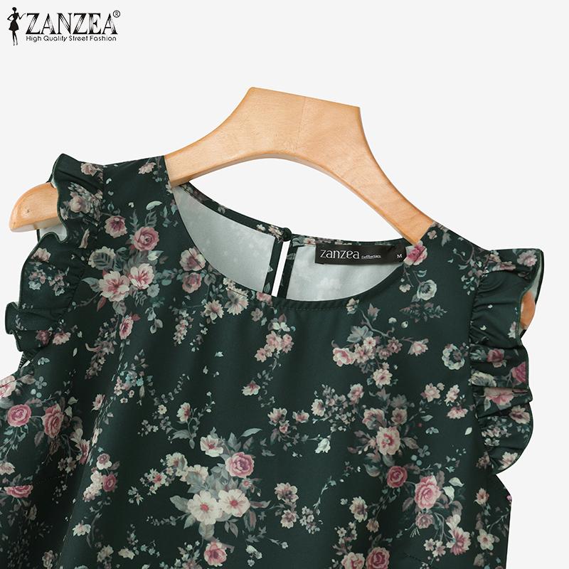 ZANZEA Maiouri casual de damă cu gât rotund, imprimeu floral și fără mâneci