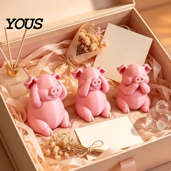 Cute Desktop Accessories for Workstation 3 Pcs Mini Pig Figurines, 3D Printed See Hear Speak No Evil Adorable Animal Figurine Home Decor Pink Statue,