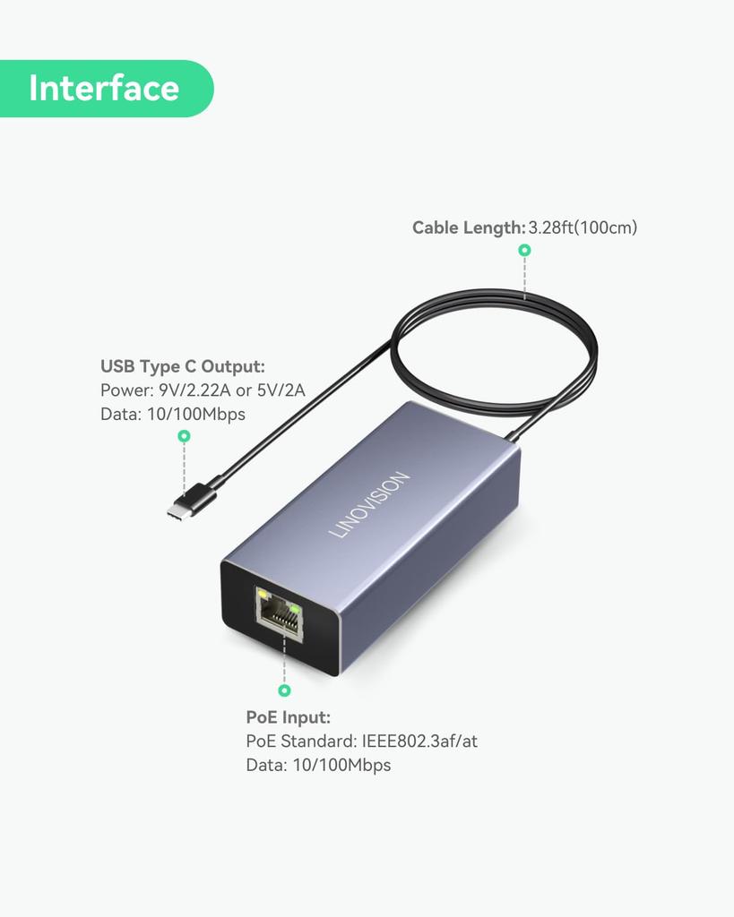 LINOVISION POE zu Daten und Laden in einem POE zu USB oder anwendbar auf Mobiltelefone und Tablets USB-C Konverter, Kabel, IEEE802.3af/at Typ-C