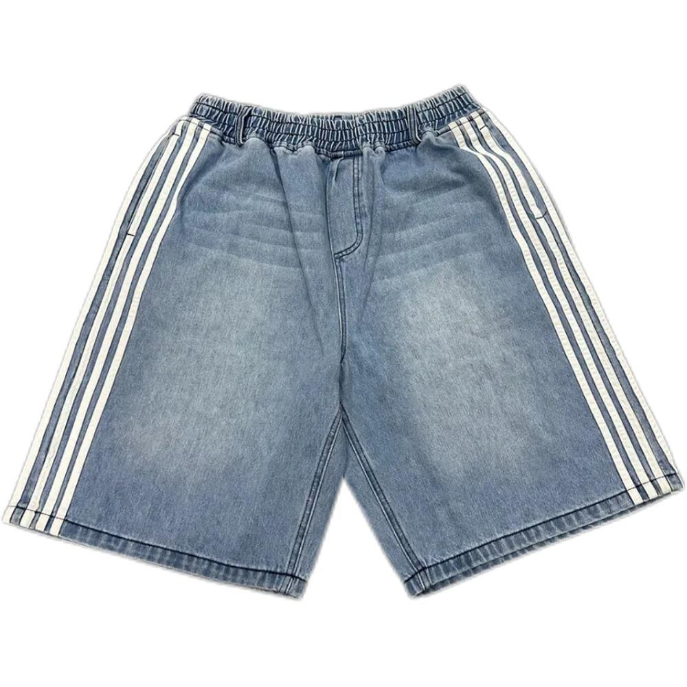 Summer New Casual Denim Shorts Y2K Side Striped Pattern Shorts Men Street Retro Harajuku Hip Hop Loose High Waist Sports Shorts
