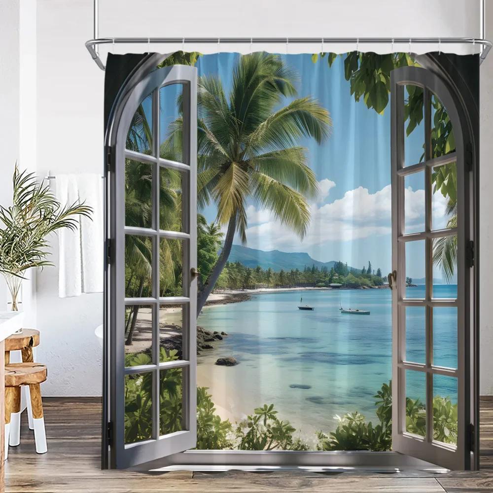 

Seaside Landscape Outdoor Landscape Beach Shower Curtain Bathroom Decoration Polyester Shower Curtain with Hook W120xH180cm