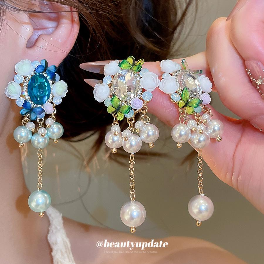 Silver Needle Holiday Style Rhinestone Resin Flower Butterfly Pearl Tassel Earrings Personalized Sweet Premium Earrings