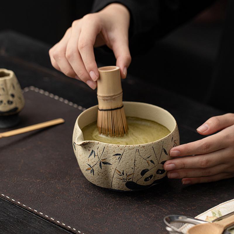 2-8-teiliges Panda/Pfingstrose Feuerrot Matcha-Zubereitungsset Bambus Matcha-Besen Exquisite Matcha-Schale Box mit Besen Üppige Tee-Werkzeuge Geschenke