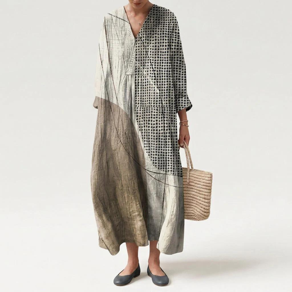 Fashion Vacation Style V-Neck Long Sleeve Printed Loose Beach Dress Women's Stylish Color Block Design Long Dress